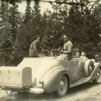 Natalie and Robert Coe, with a 16mm film camera, in Jackson, Wyoming, 1938.