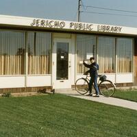 Kenneth Kraus in front of the first Jericho Public Library circa 1968. Photo by Sy Miller.