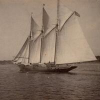Three masted schooner under sail on Hudson River