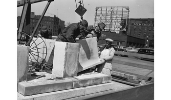 	 Rochester Public Library, Rundel Memorial Building, construction workers laboring on new balustrade