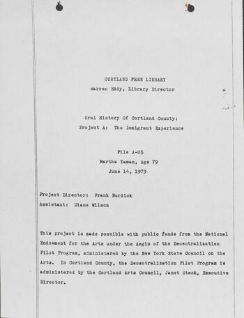first page of Oral History Of Cortland County: The Immigrant Experience