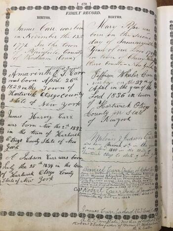 Carr Family Bible Births Page