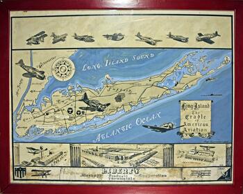 Poster Long Island Cradle of American Aviation Map with pictures of Republic & Grumman Aircraft and   Liberty Aircraft Products c. 1942