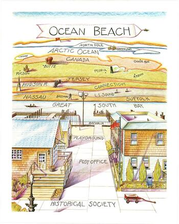 Poster of Ocean Beach, NY by artist Sally Potterton, founding member of OBHS