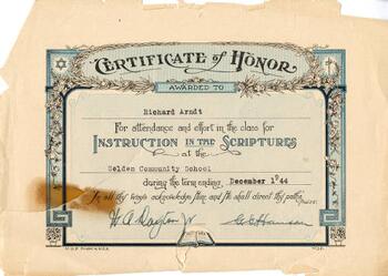 Certificate of Honor awarded to Richard Arndt at the Selden Community School in 1944.