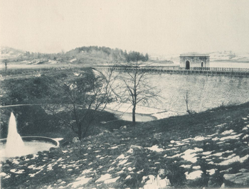 View of View of East Branch Reservoir (Sodom) Masonry dam and aeration fountain, looking north east.
