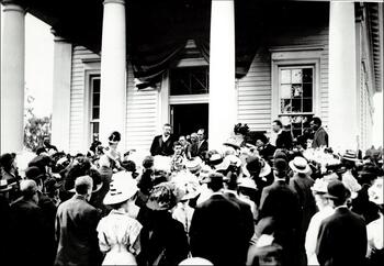 President Theodore Roosevelt addressing a crowd at the Jordanville Public Library