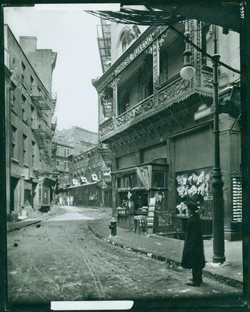 Doyers Street at Bowery, Chinatown, New York City, circa 1915.