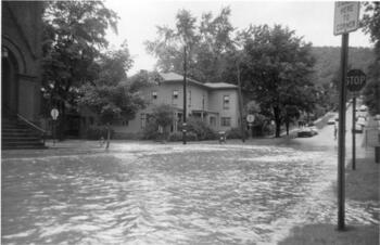 Flooding in front of the First Methodist Church on Ceder St in Corning