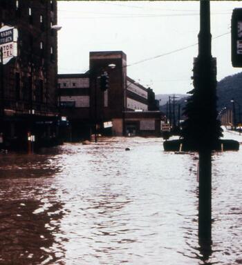 View of flooded Centerway Square in Corning