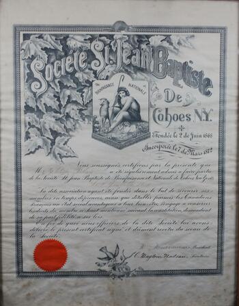 Society of St. Jean Baptiste Certificate of Admittance, 1872.