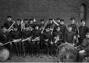 Ukrainian Band at the Rochester Homelands Exhibition, April 10-19, 1920, on the grounds of Exposition Park in Rochester, NY.