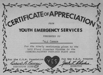 Certificate of Appreciation presented to Dale Connor by Youth Emergency Services