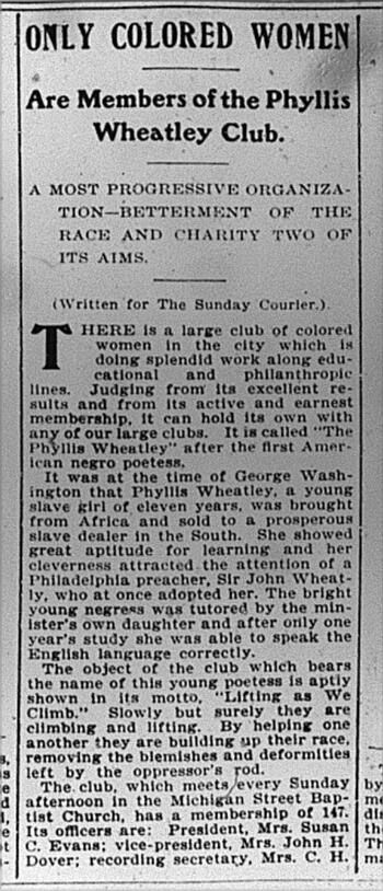 Article describing the Phyllis Wheatley club