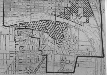 Map of Elmira's south side with areas marked for review and urban renewal