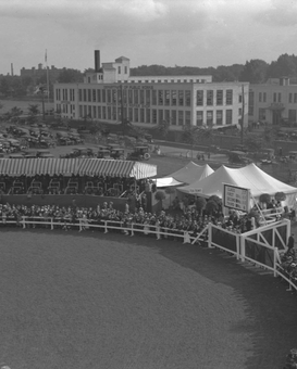 Looking southwest from Exposition Park toward Dewey Avenue and the buildings of the City of Rochester's Department of Public Works. In the foreground, crowds surround the horse show arena. Behind the grandstand, cars fill the parking area. The larger white tent in the center has a sign reading "Tea Tent".