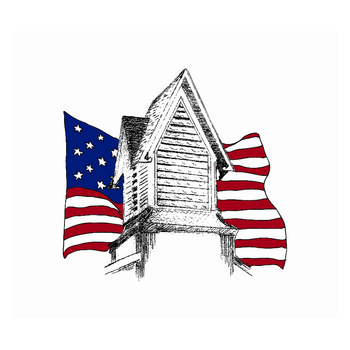 A drawing of a small square steeple with a peaked roof superimposed over an image of the American flag. The steeple is black and white, and the American flag is in color.