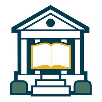 Logo for Lockport Library depicting a building with a floating book in front of it.