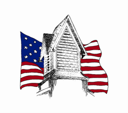 A drawing of a small square steeple with a peaked roof superimposed over an image of the American flag. The steeple is black and white, and the American flag is in color.