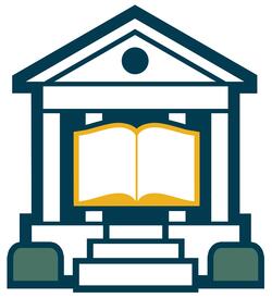 Logo for Lockport Library depicting a building with a floating book in front of it.